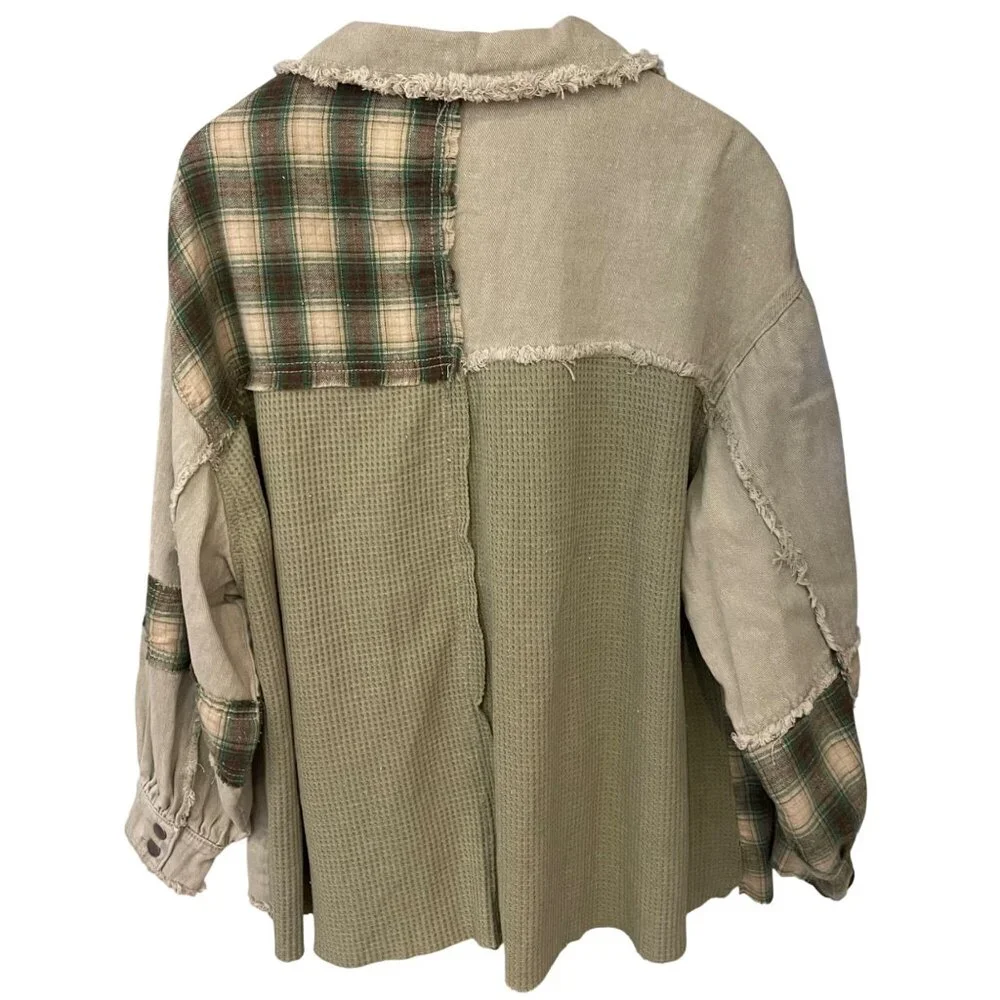 POL Women Boho Patchwork Shacket Jacket Size L Goblincore Cottagecore Grunge